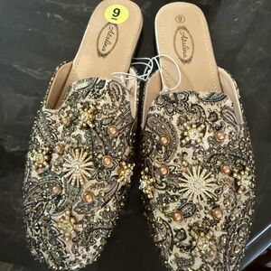 Tan and Brown Embellished Flats with Intricate Design